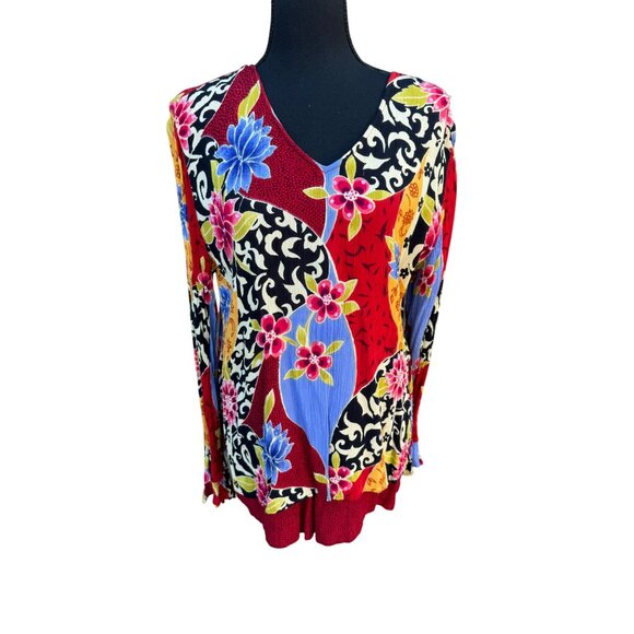 A. Grace Atsy Floral Patchwork Tunic Top L Bright Multicolor Asymmetrical Boho - Picture 2 of 10
